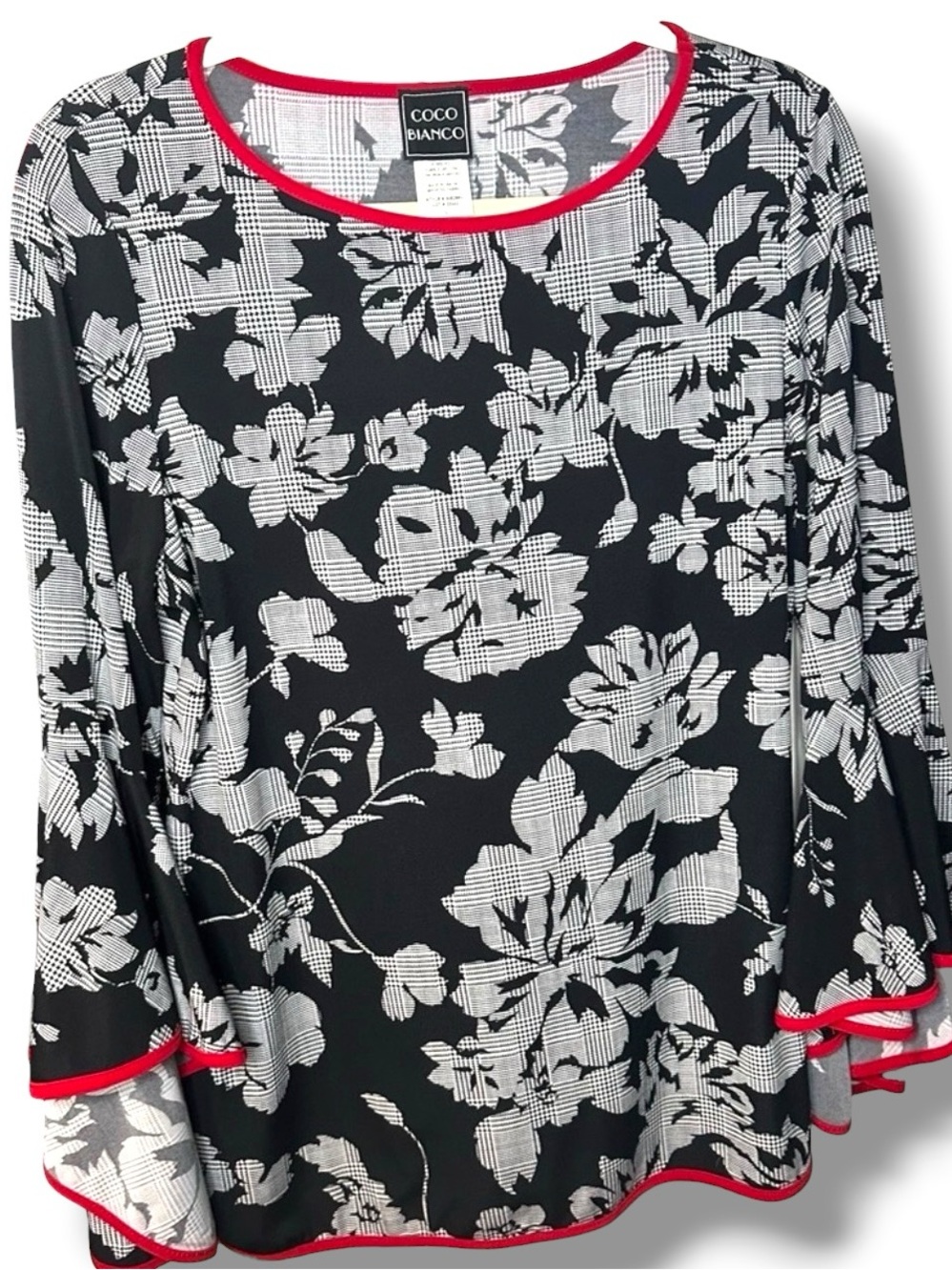 Coco Bianco Bell-Sleeve Pullover Tunic Top SZ L BLACK White Florals Red Trim